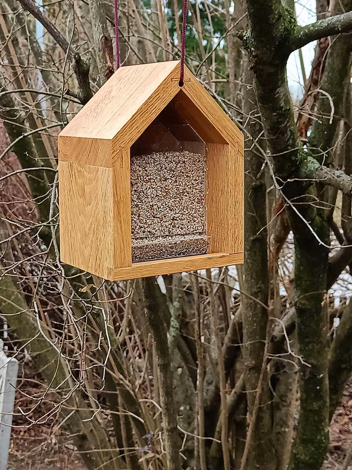 Vogelhaus aus Eiche mit Futterspender im Herbst